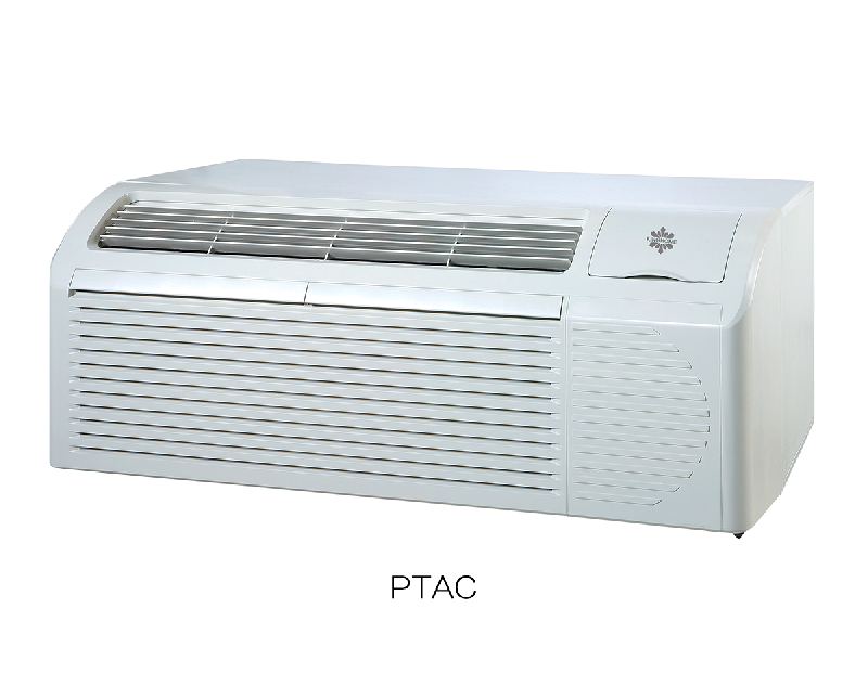 A white Inverter PTAC unit, labeled "PTAC," is shown with a sleek, rectangular design featuring a vented front for air output and a small logo on the top right.