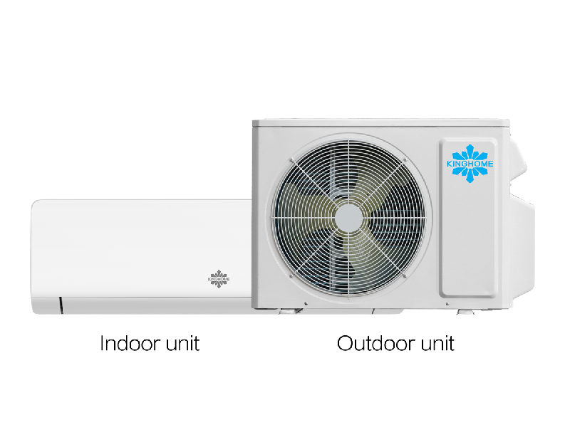 A Kinghome ductless mini-split system is displayed, featuring a sleek white wall-mounted indoor unit on the left and a matching outdoor condenser unit on the right.