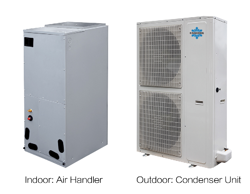 Two HVAC units are shown side by side. On the left, a rectangular, metallic indoor air handler with a smooth surface, labeled "Indoor: Air Handler". On the right, a taller outdoor condenser unit with a vented front.